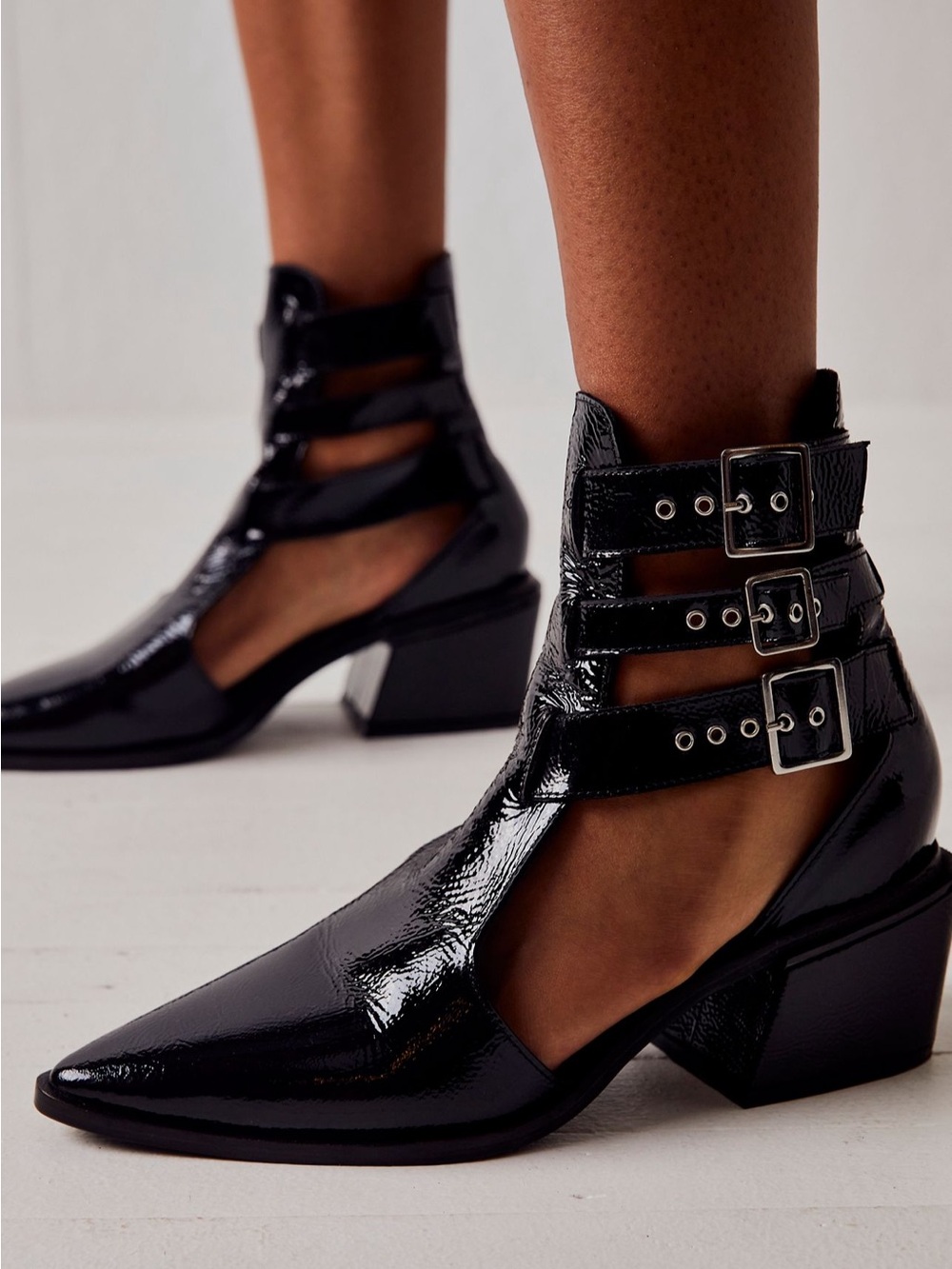Free People Austyn Patent Leather Cutout Ankle Boots Triple Buckle Black Sz 38.5